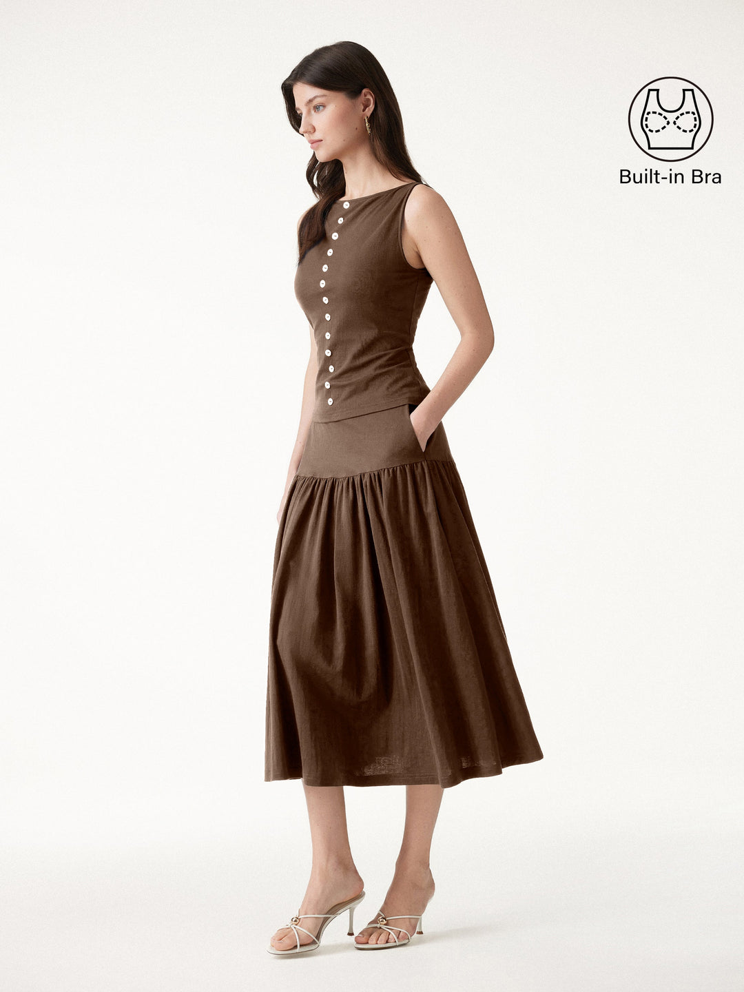 2Pcs Set Cropped Bra Top & Midi Skirt with Pockets