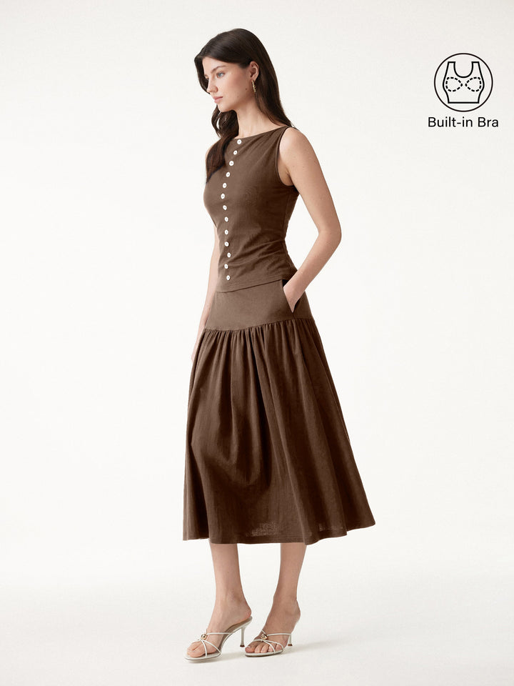 2Pcs Set Cropped Bra Top & Midi Skirt with Pockets