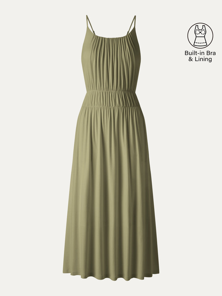 Vacay Gathered U-Neck Spaghetti Midi Bra Dress with Pockets