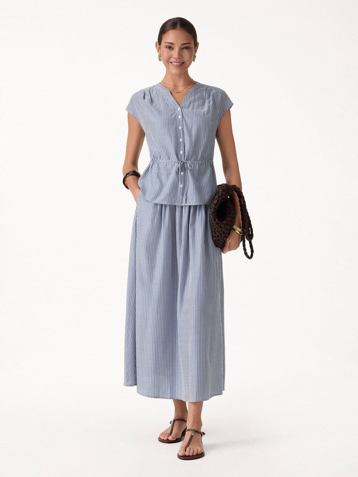 Notched V-Neck Drawstring Waist Poplin Shirt