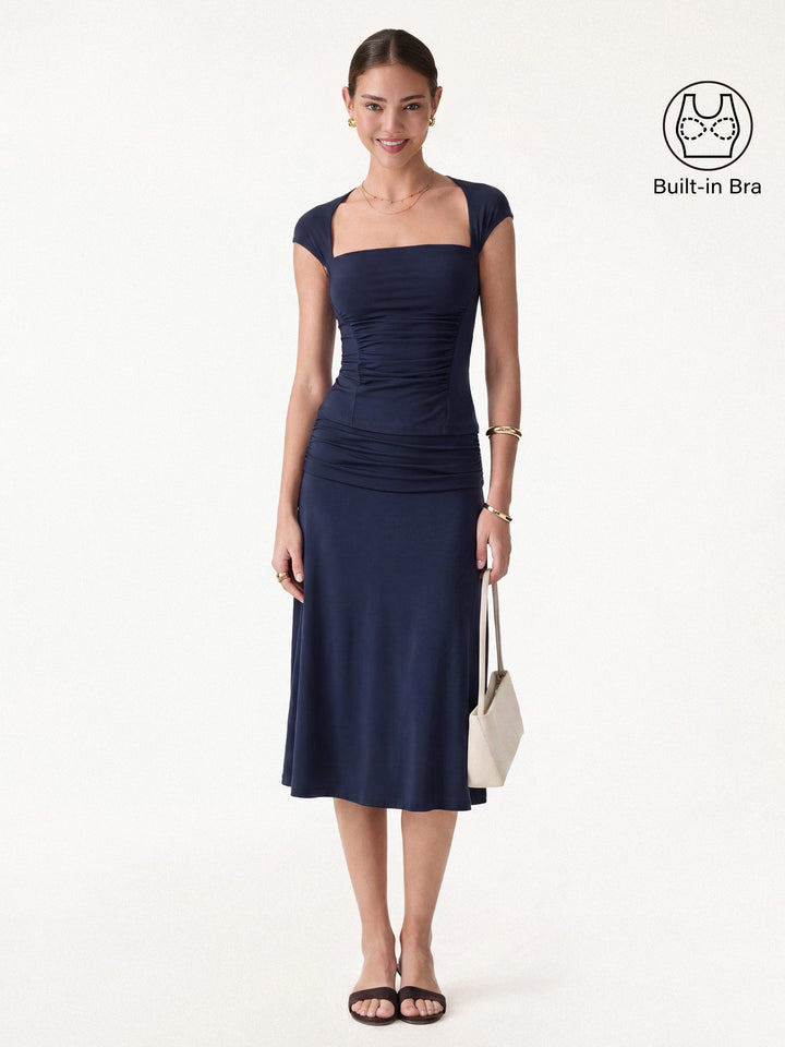 2Pcs Set Square Neck Cutout Back Bra Top & A-line Midi Skirt