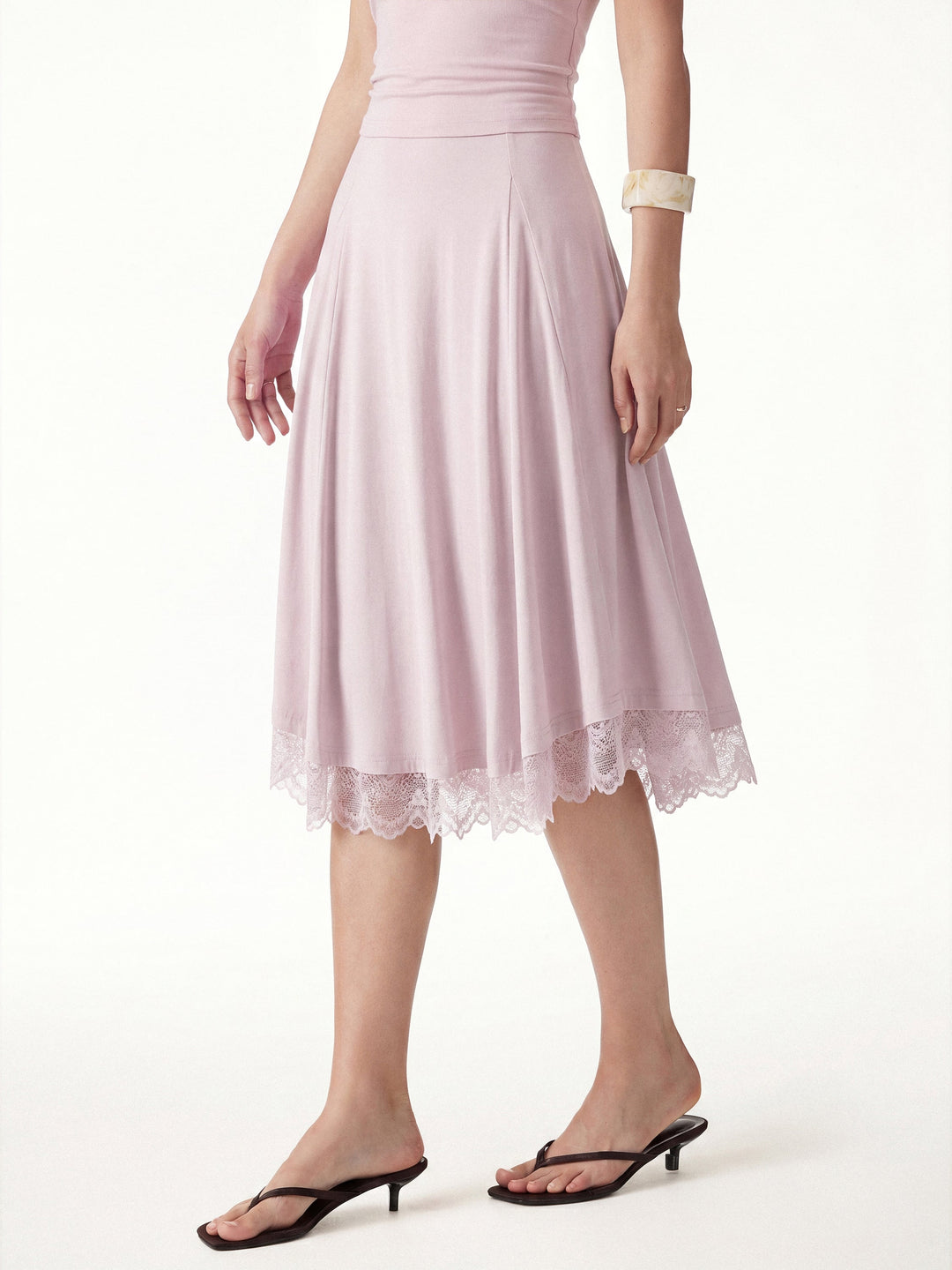 Lace Trim Midi Circle Flare Skirt