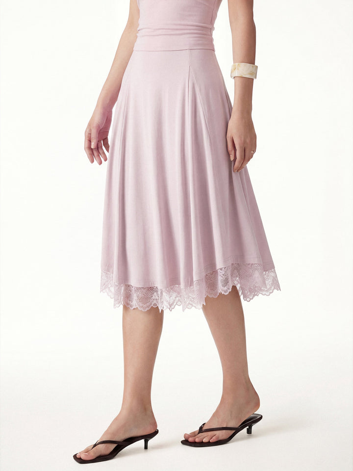 Lace Trim Midi Circle Flare Skirt