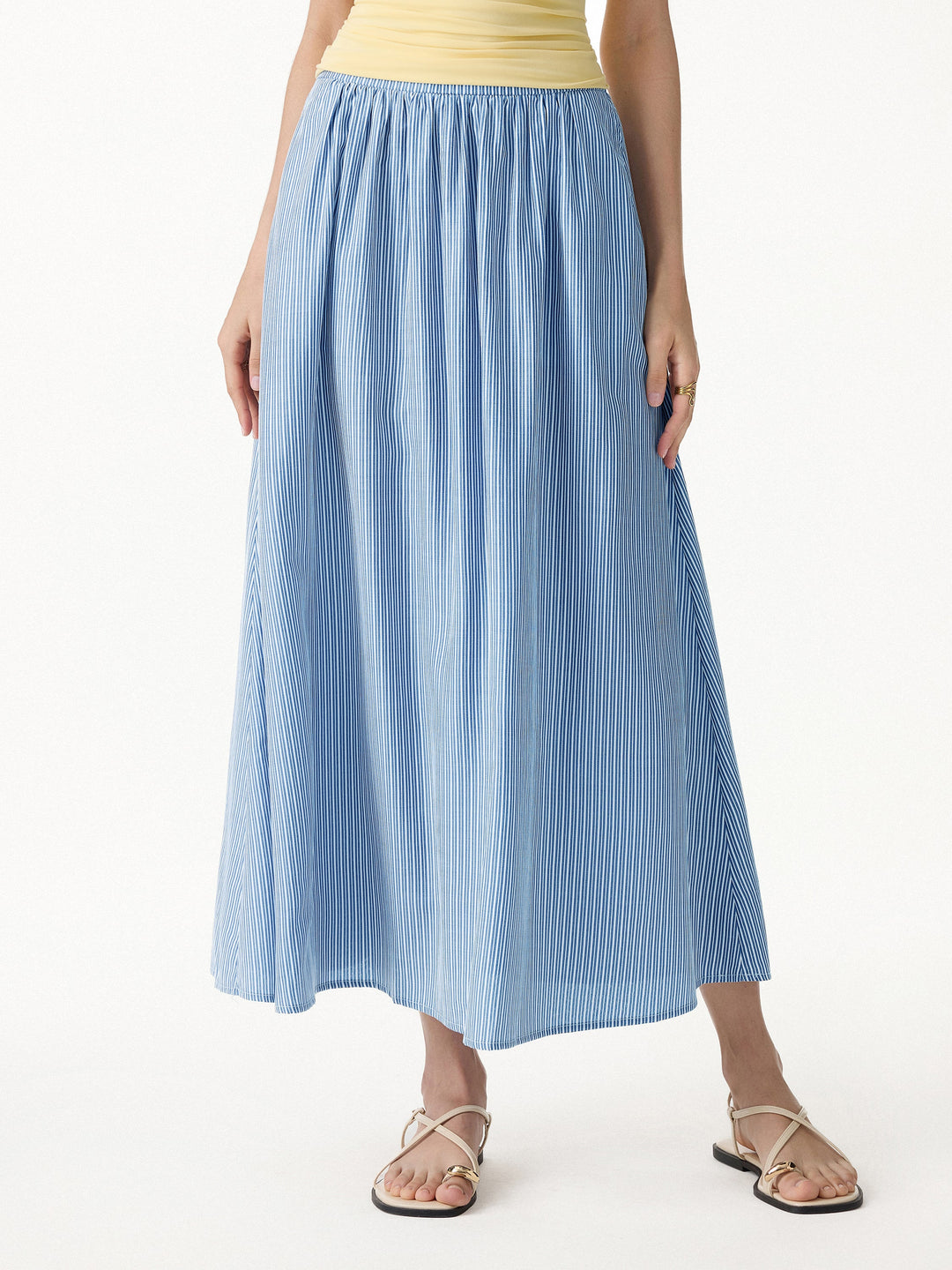 Striped Poplin High Rise Umbrella Midi Skirt with Pockets