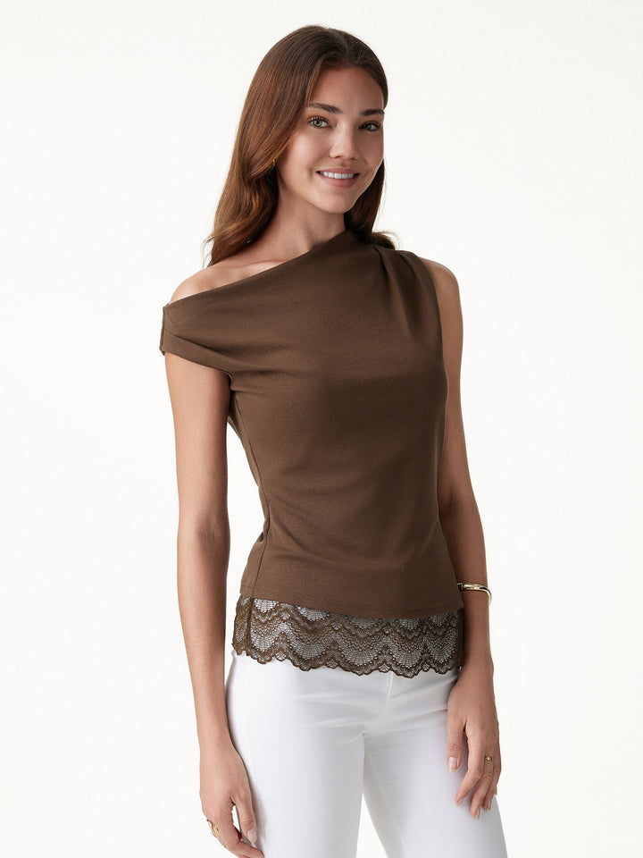 Lace Trim Cotton Lyocell Asymmetrical Shoulder Top