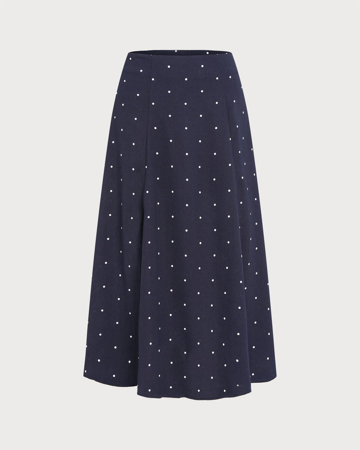 Navy Polka Dot Slit Midi Skirt
