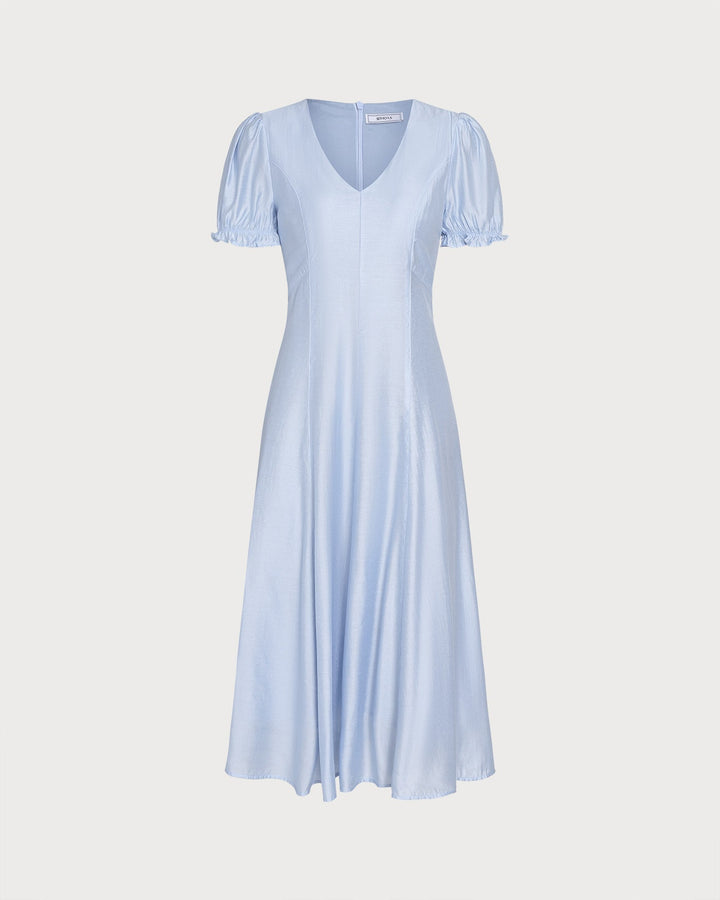 Blue V Neck Sheer Zipper Midi Dress