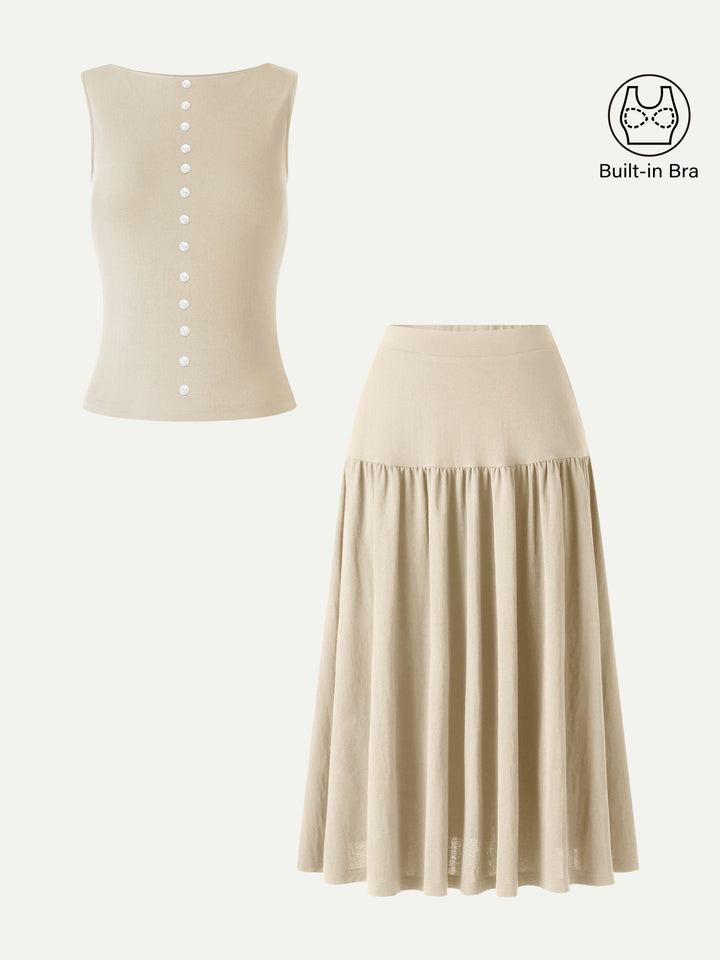 2Pcs Set Cropped Bra Top & Midi Skirt with Pockets