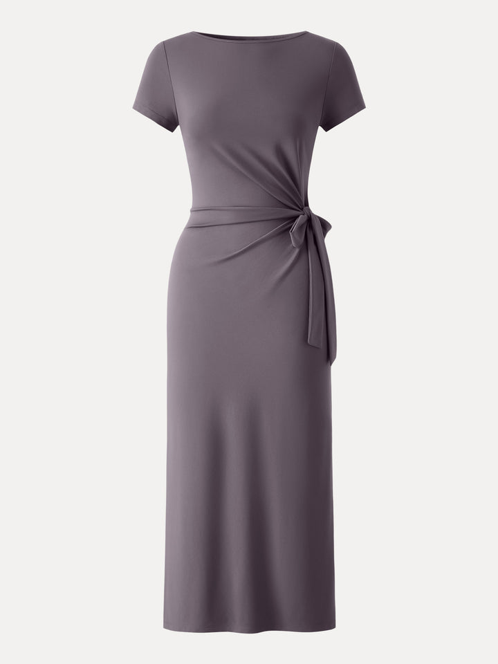 Cooling Wrinkle-Resistant Side Waist Tie Midi Dress with Slit