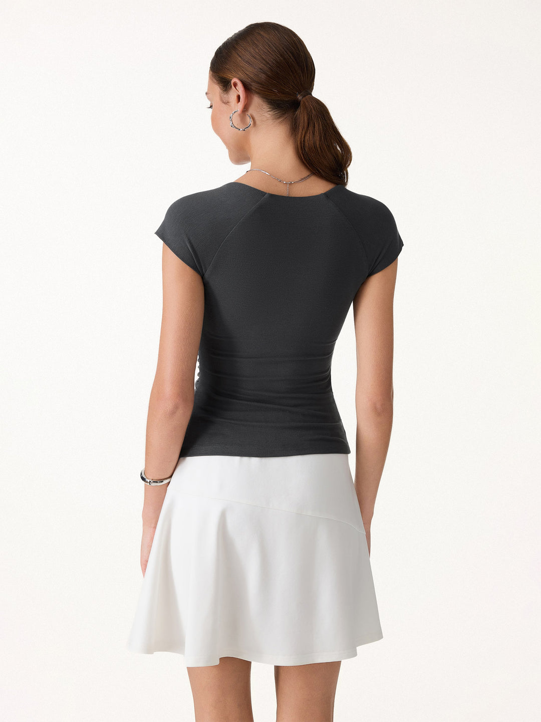 Cool-Touch Square Neck Cap Sleeve Ruched Bra Top