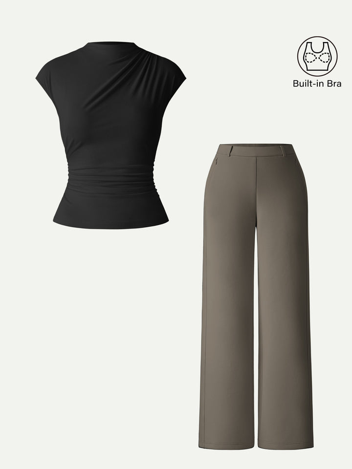 2Pcs Set Mockneck Cropped Bra Top & Slimming High Rise Wide Leg Pant