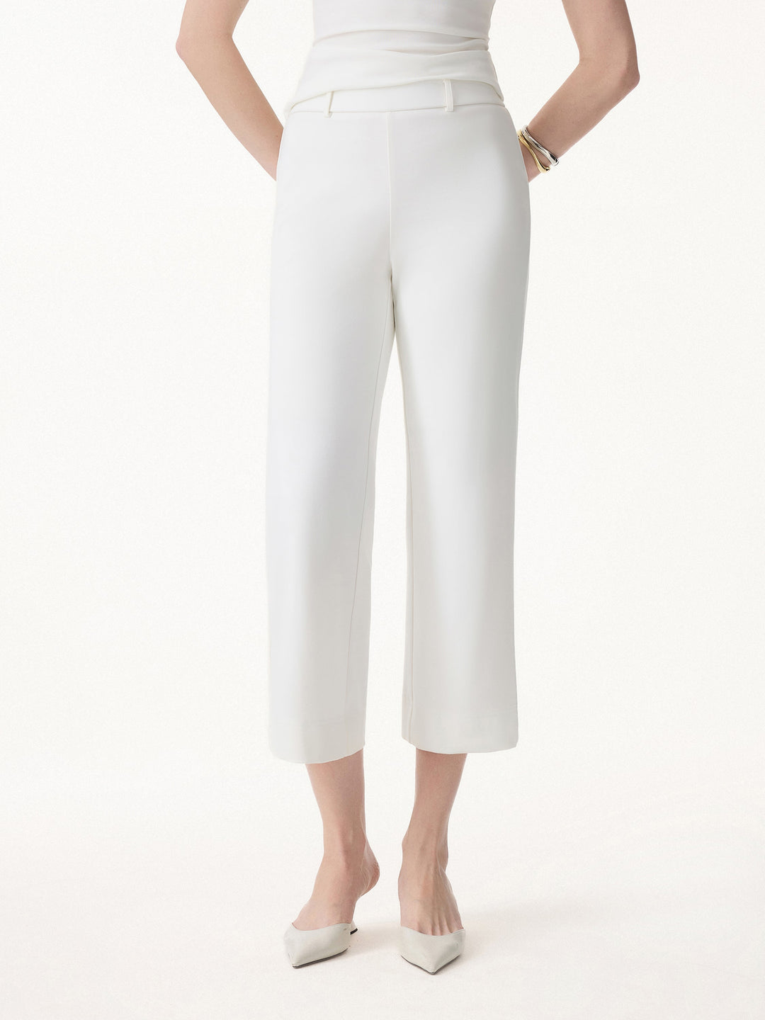 Not-See-Thru Mid Rise Cropped Wide Leg Pants with Pockets