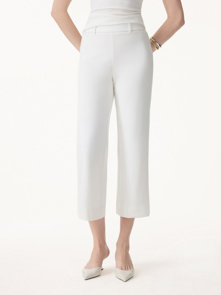 Not-See-Thru Mid Rise Cropped Wide Leg Pants with Pockets