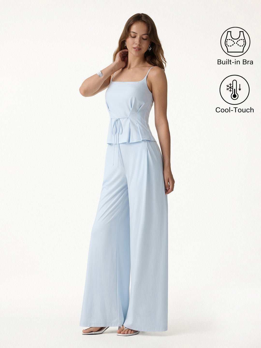 2Pcs Set Spaghetti Bra Top & Wide Leg Pants with Pockets