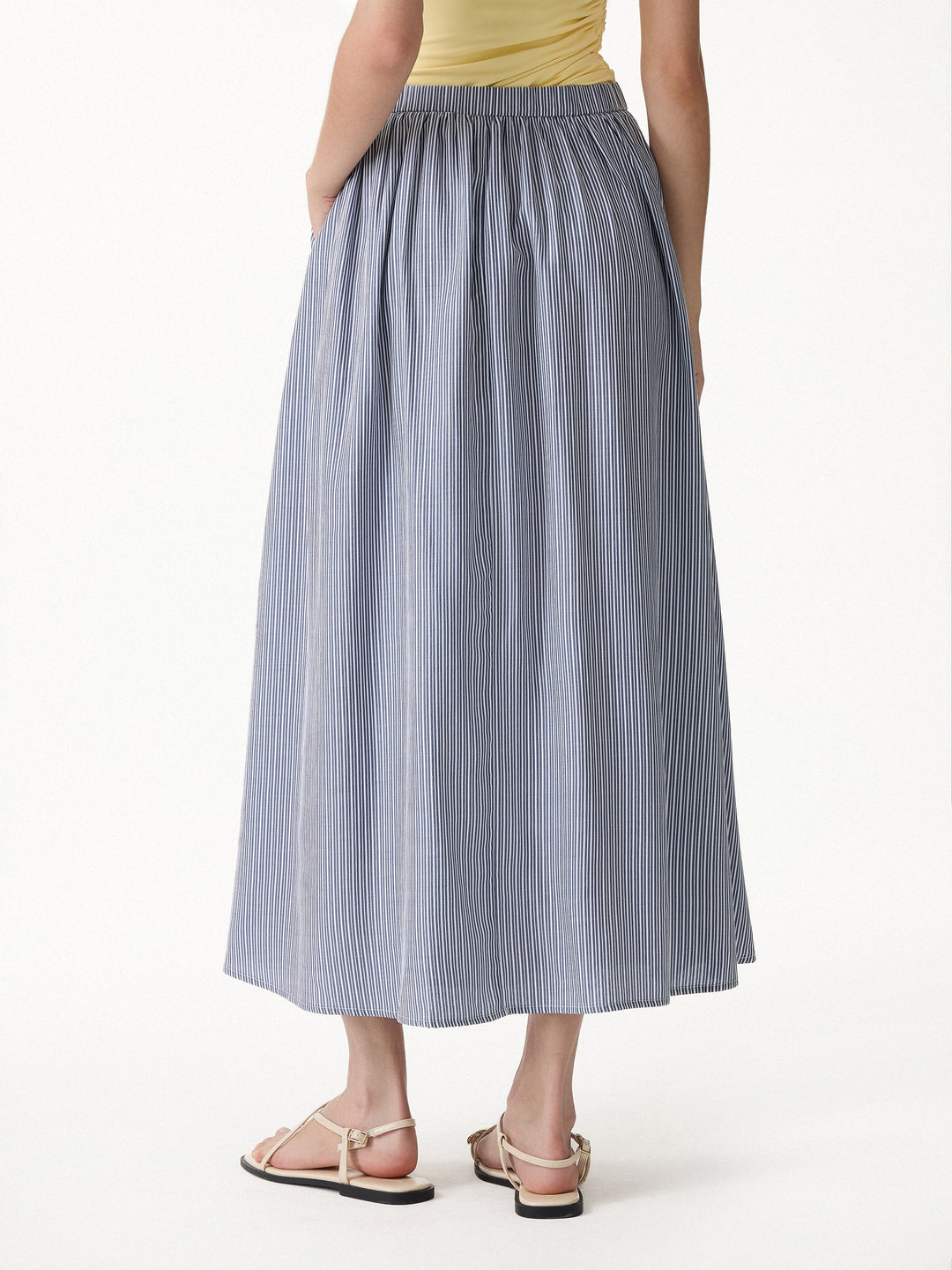 Striped Poplin High Rise Umbrella Midi Skirt with Pockets