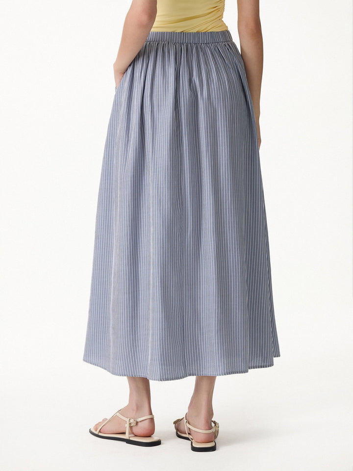 Striped Poplin High Rise Umbrella Midi Skirt with Pockets
