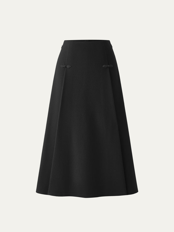 Wool-like Frog Button A-Line Midi Skirt Limited Edition