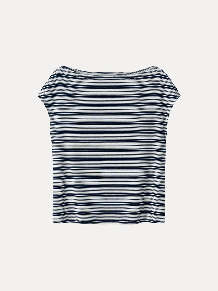 Striped Slash Neck Cap Sleeve Relaxed Top