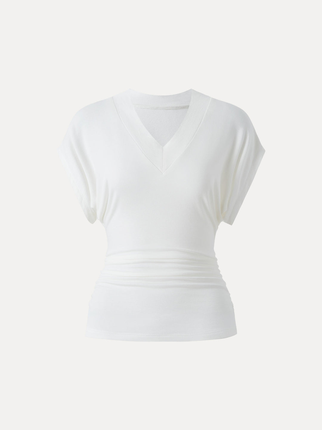 Semi-sheer Lyocell Cashmere Blend V-neck Short Sleeve Side Ruched Tee
