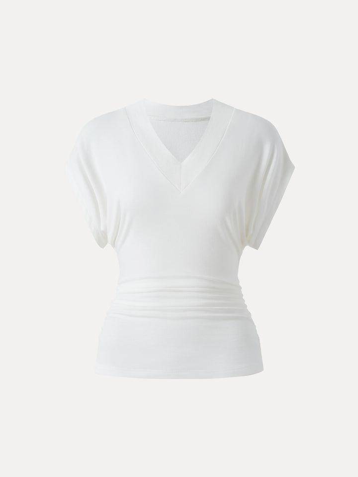 Semi-sheer Lyocell Cashmere Blend V-neck Short Sleeve Side Ruched Tee