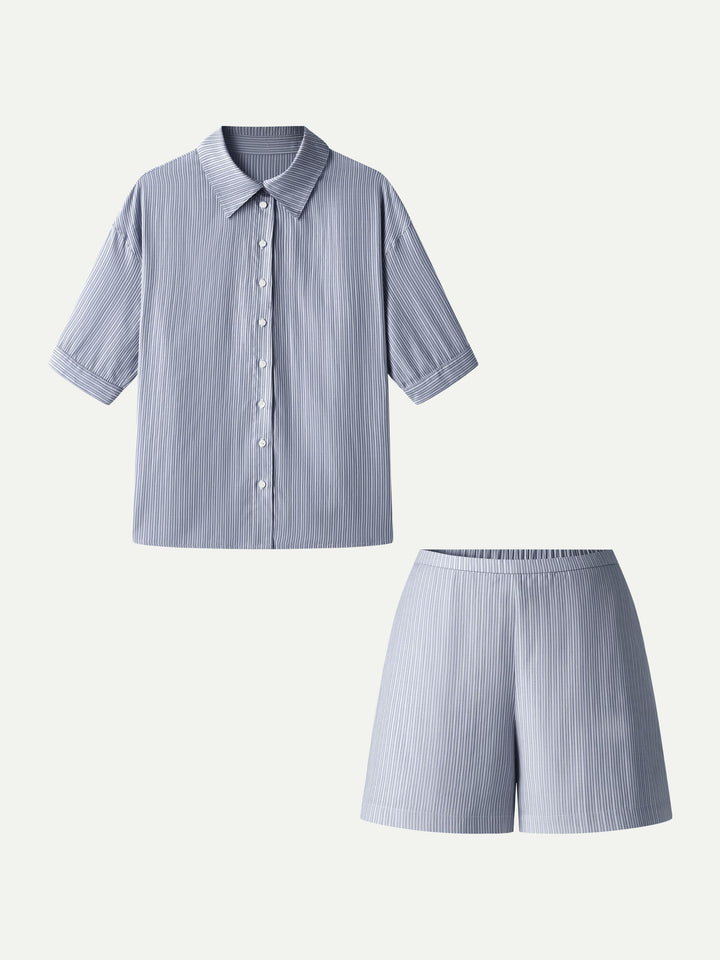2Pcs Set Collared Sleeve Shirt & A-Line Shorts with Pockets