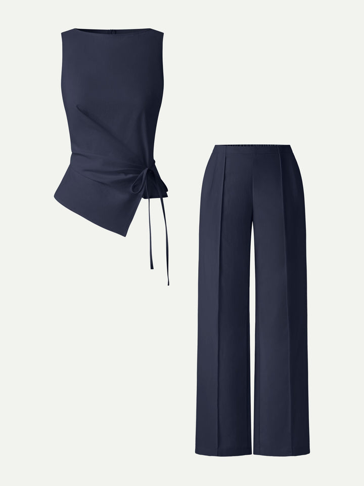 2Pcs Set Boatneck Waist-Defined Top & Pintuck Wide Leg Pant