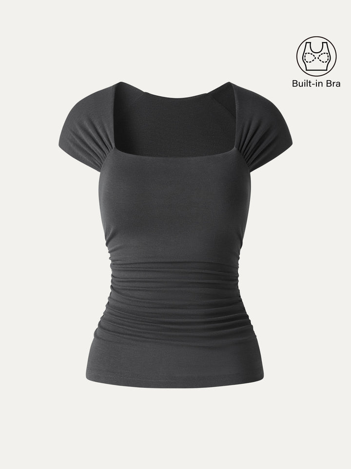 Cool-Touch Square Neck Cap Sleeve Ruched Bra Top
