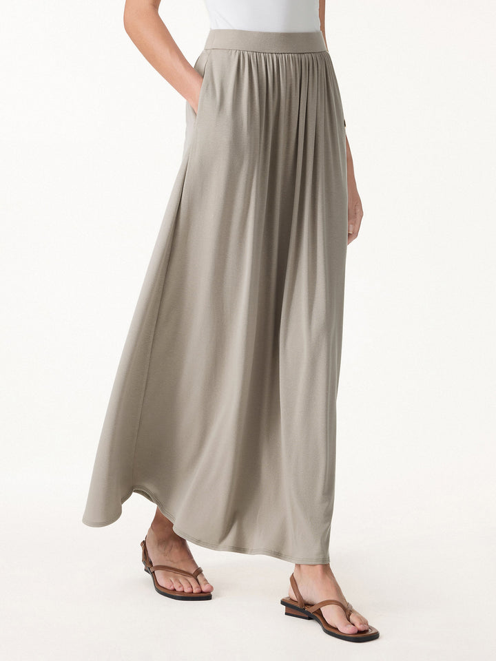 Soft Linen Knit Gathered A-Line Maxi Skirt with Pockets