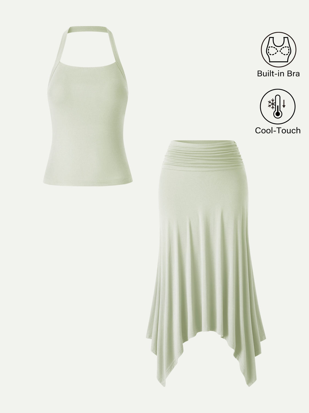2Pcs Set Sleek Halter Bra Top & Handkerchief Hem Ankled Skirt