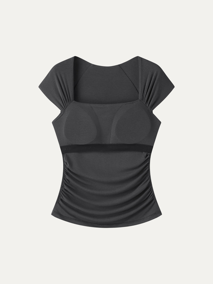 Cool-Touch Square Neck Cap Sleeve Ruched Bra Top