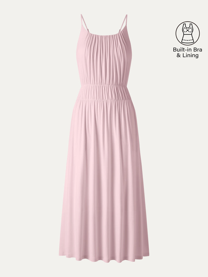 Vacay Gathered U-Neck Spaghetti Midi Bra Dress with Pockets