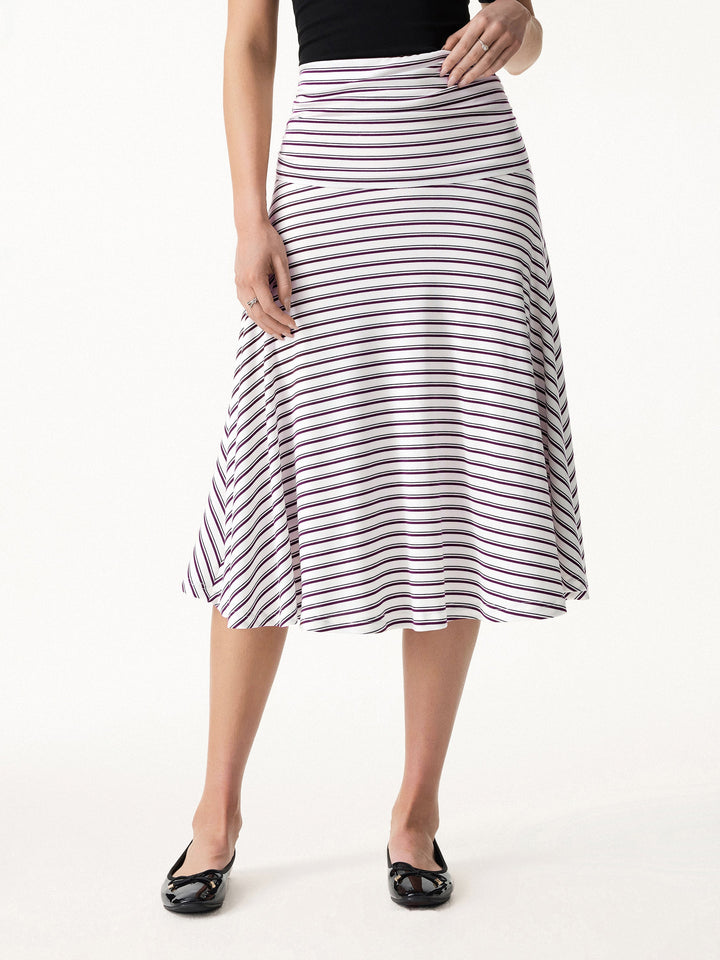 Flowy Striped Circle Flare Ruched Midi Skirt