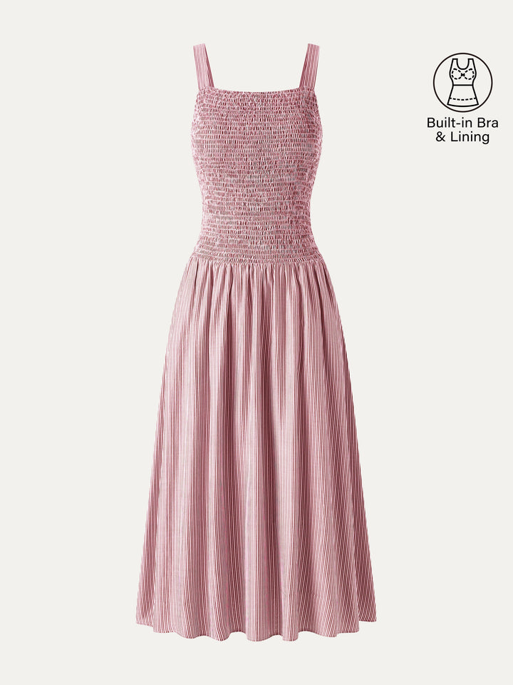 Striped Poplin Square Neck Smocked Midi Bra Dress