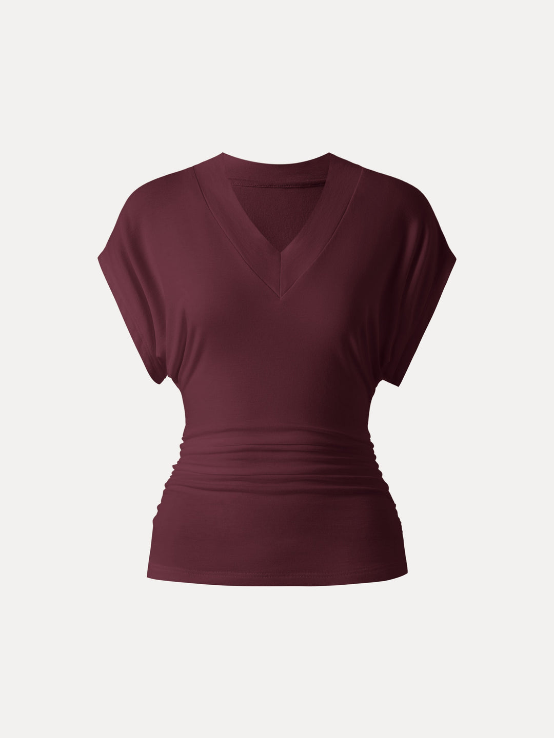 Semi-sheer Lyocell Cashmere Blend V-neck Short Sleeve Side Ruched Tee