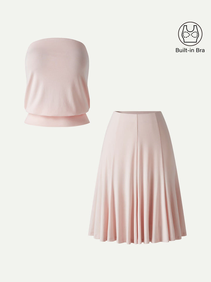 2Pcs Set Banded Hem Bra Top & Knee-Length Skirt