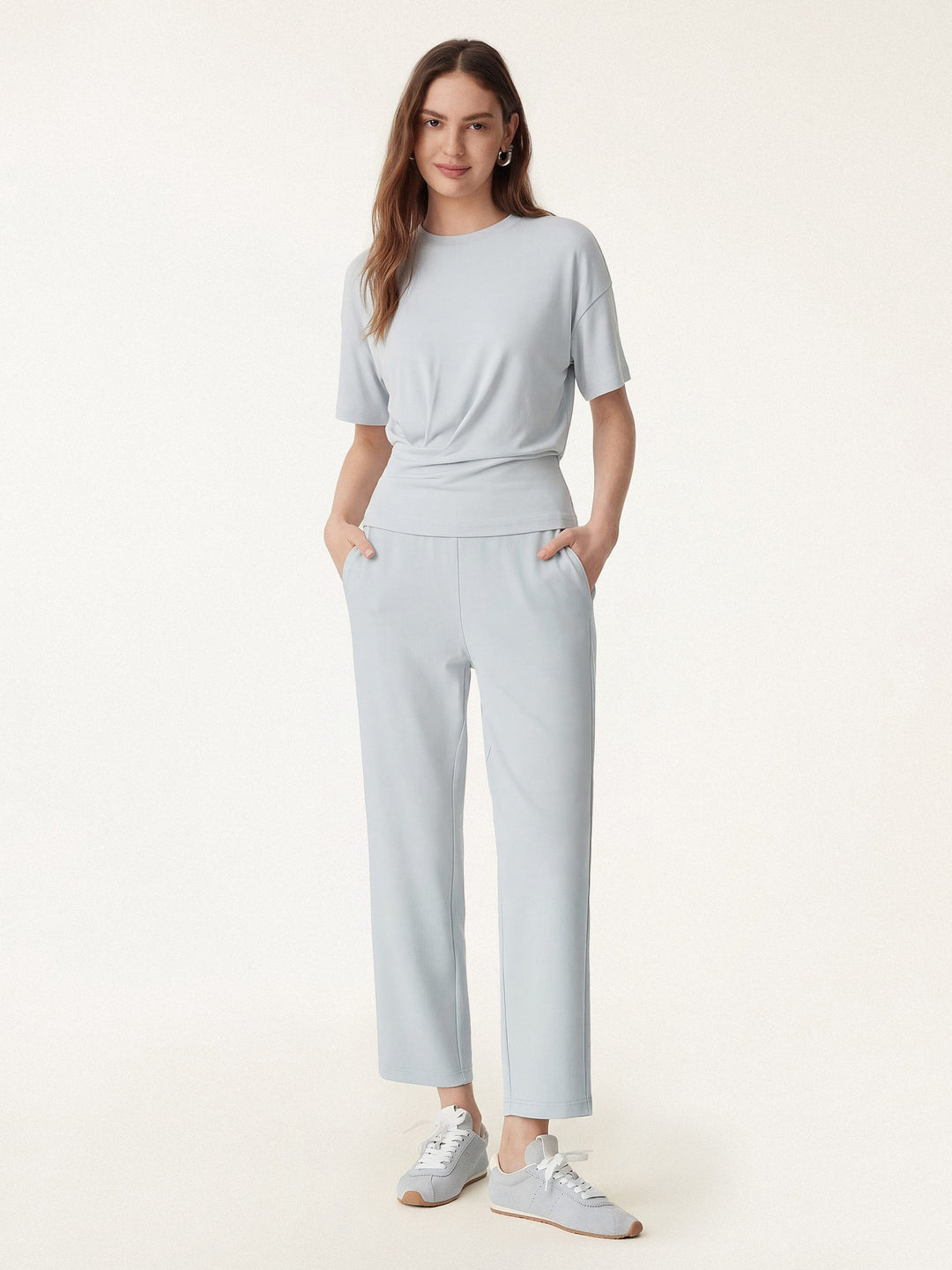 2Pcs Set Crewneck Tucked Tee & Mid Rise Tapered Pant with Pockets