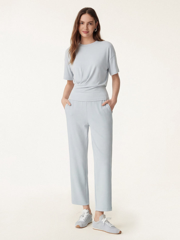 2Pcs Set Crewneck Tucked Tee & Mid Rise Tapered Pant with Pockets