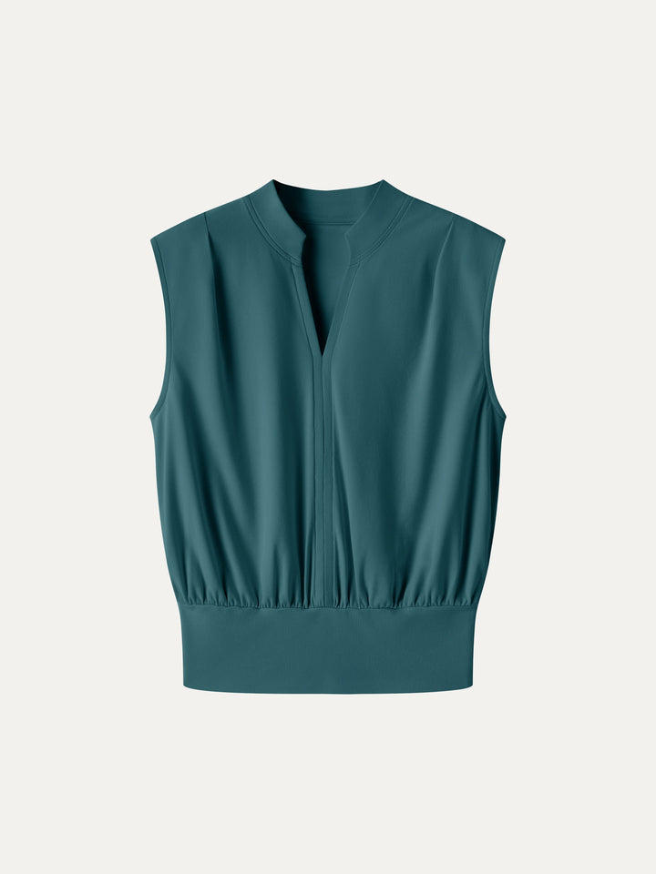 Cotton-Viscose V-neck Stand Collar Sleeveless Top