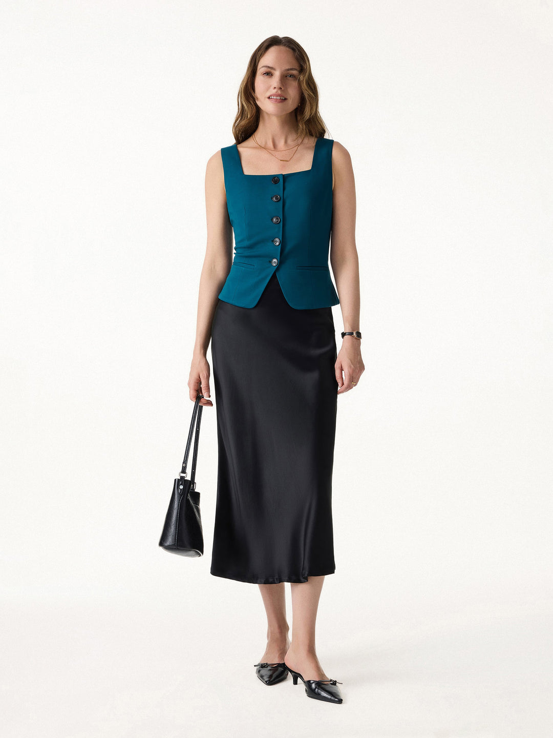 Stretch Ponte Square Neck Cropped Waistcoat with Pockets