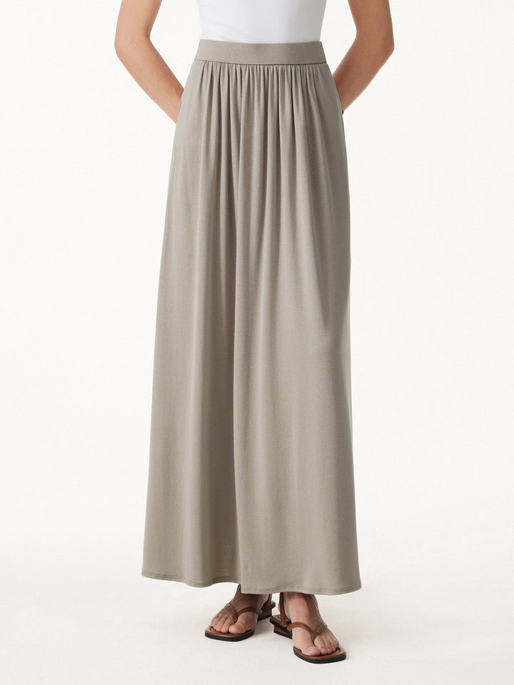 Soft Linen Knit Gathered A-Line Maxi Skirt with Pockets