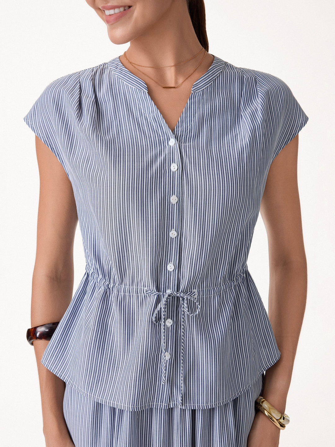 2Pcs Set Drawstring Waist Poplin Shirt & High Rise Midi Skirt with Pockets