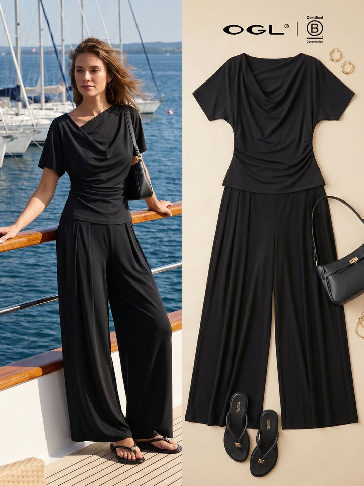 2Pcs Set Cowl Neck Ruched Top & Wide Leg Palazzo Pant with Pockets