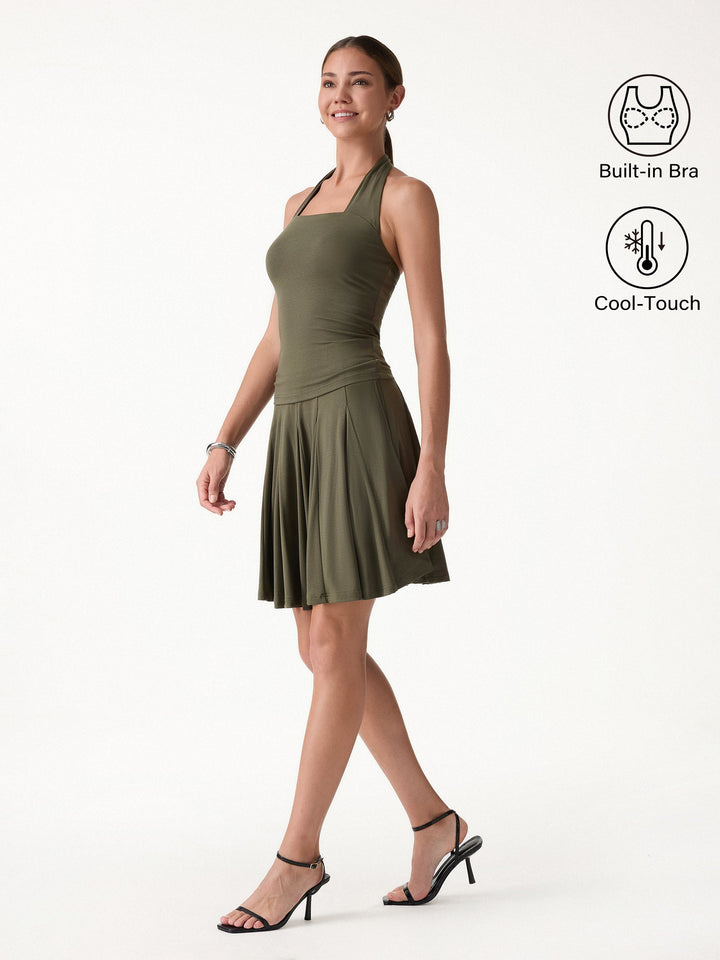 2Pcs Set Halter Going-Out Bra Top & Knee-Length Flare Skirt