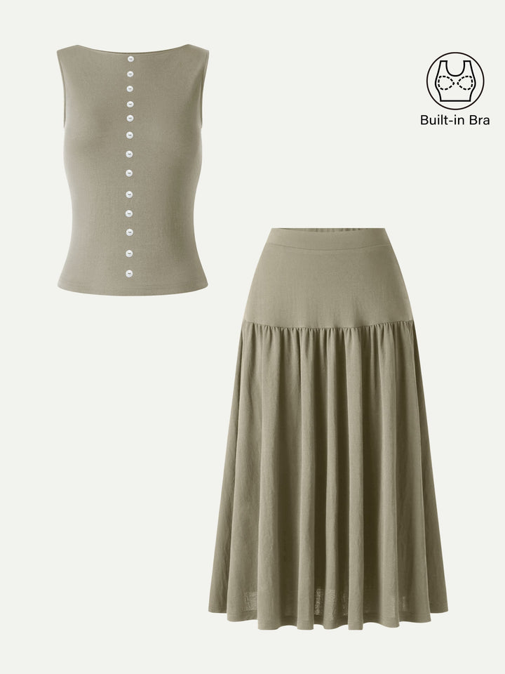 2Pcs Set Cropped Bra Top & Midi Skirt with Pockets