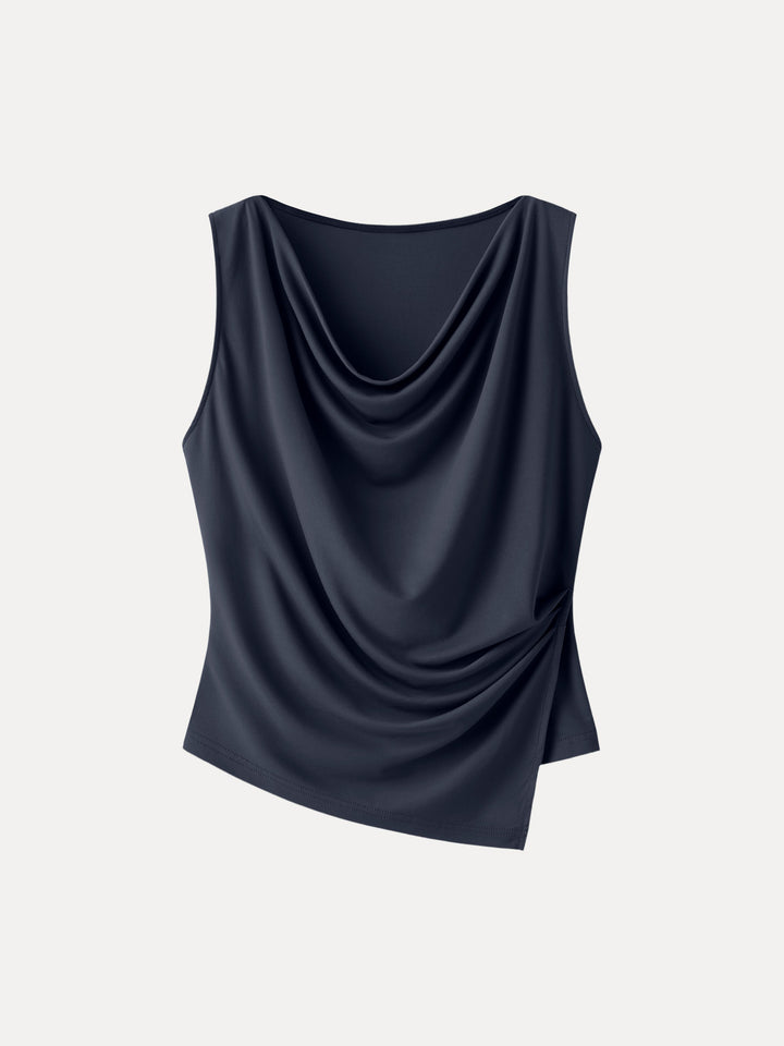 Cowl Neck Asymmetrical Tucked Sleeveless Top
