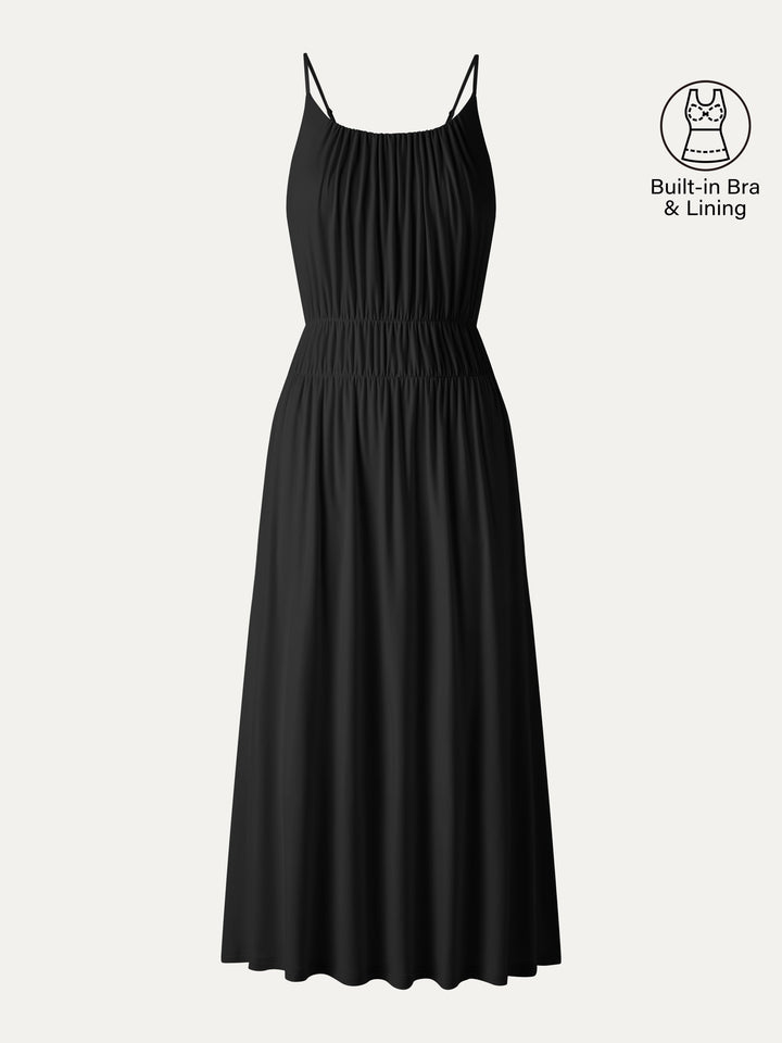 Vacay Gathered U-Neck Spaghetti Midi Bra Dress with Pockets