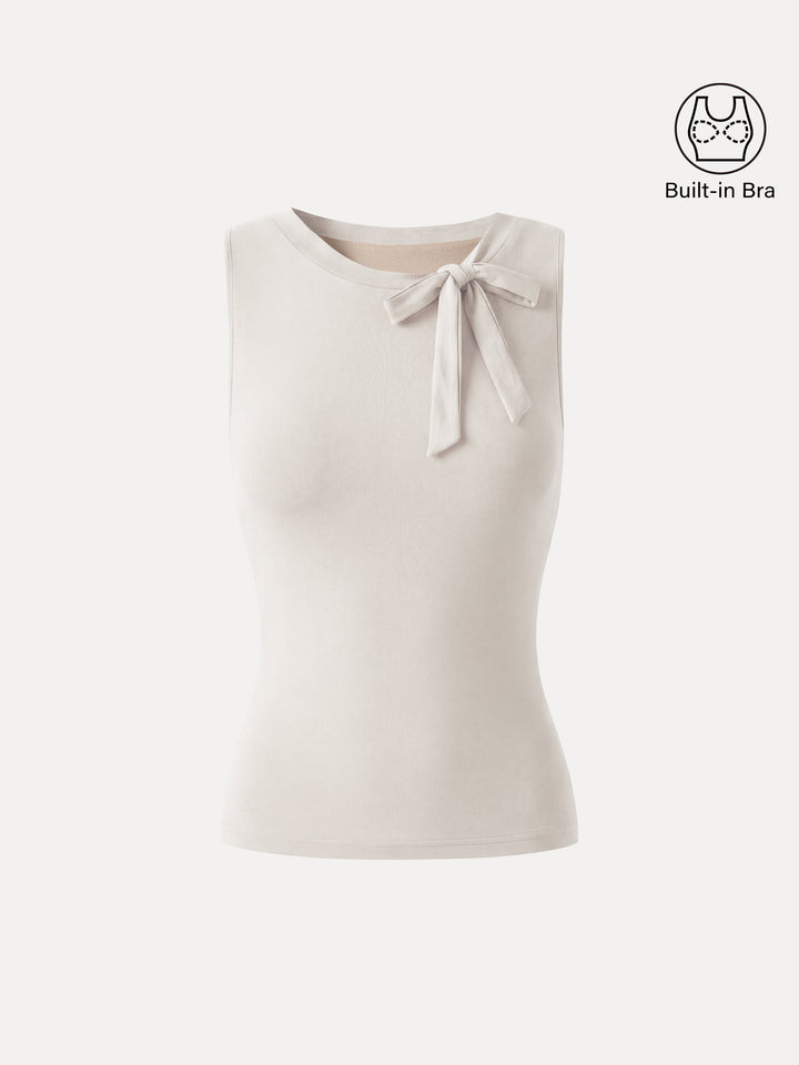 Milky Smooth Round Neck Sleeveless Top with Bow