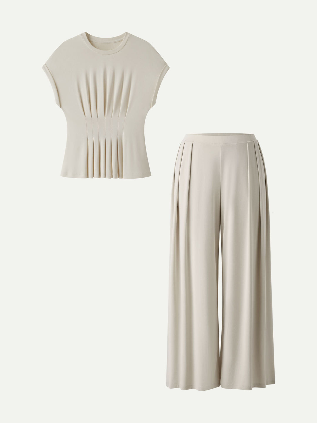 2Pcs Set Round Neck Short Sleeve Tee & Wide Leg Pants with Pockets