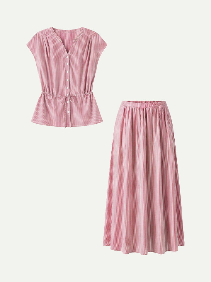 2Pcs Set Drawstring Waist Poplin Shirt & High Rise Midi Skirt with Pockets
