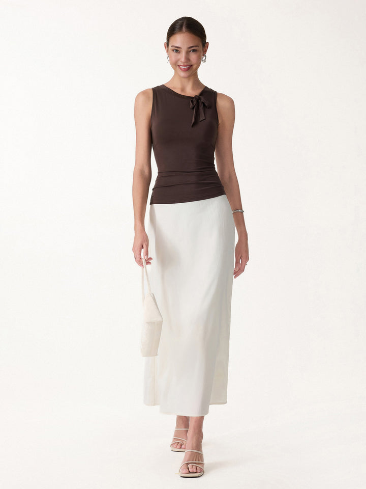 Milky Smooth Round Neck Sleeveless Top with Bow
